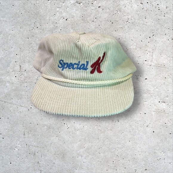 Vtg Special K Corduroy Rope Snapback Hat White Retro Spellout Logo Promo - Picture 1 of 5